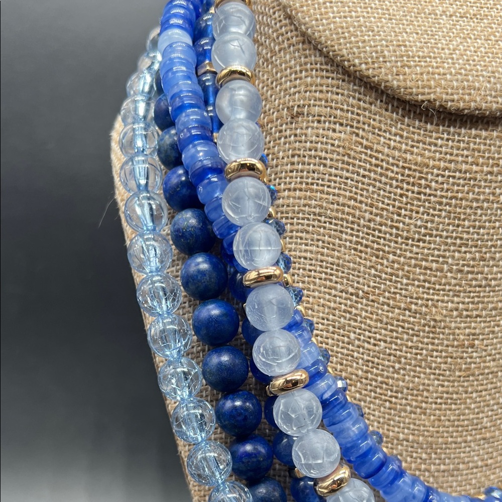 LOFT Blue Multi Strand Beaded Statement Necklace Layered Gold Tone 16.5–20” - Picture 3 of 6